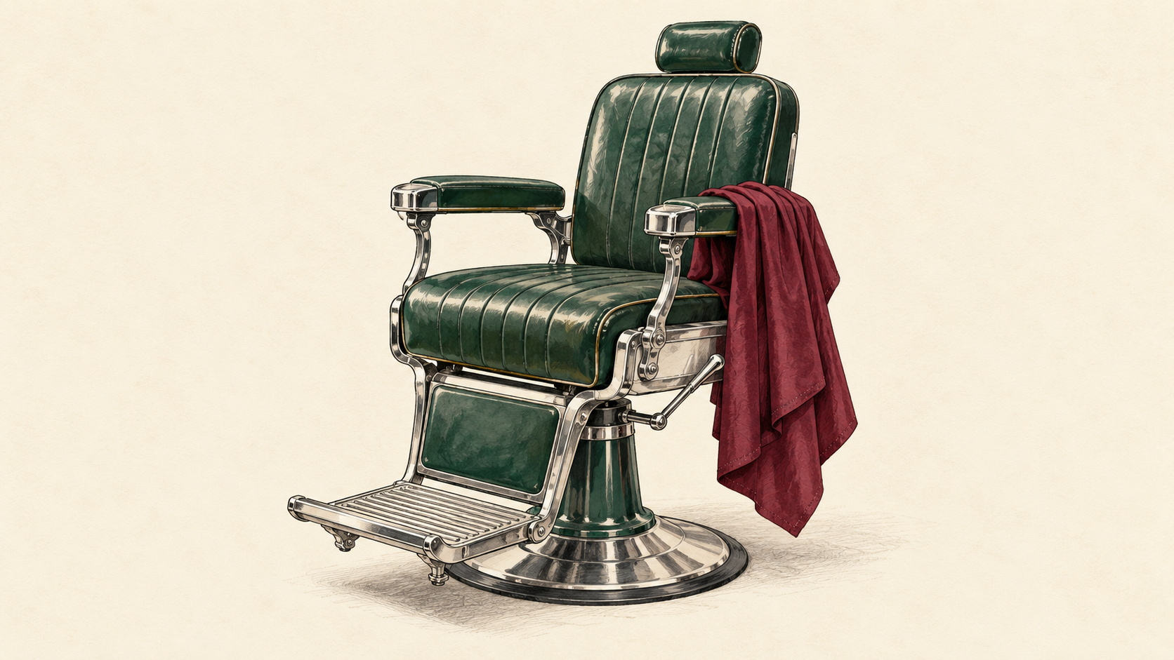 Illustration of a classic green barber chair with a burgundy cape