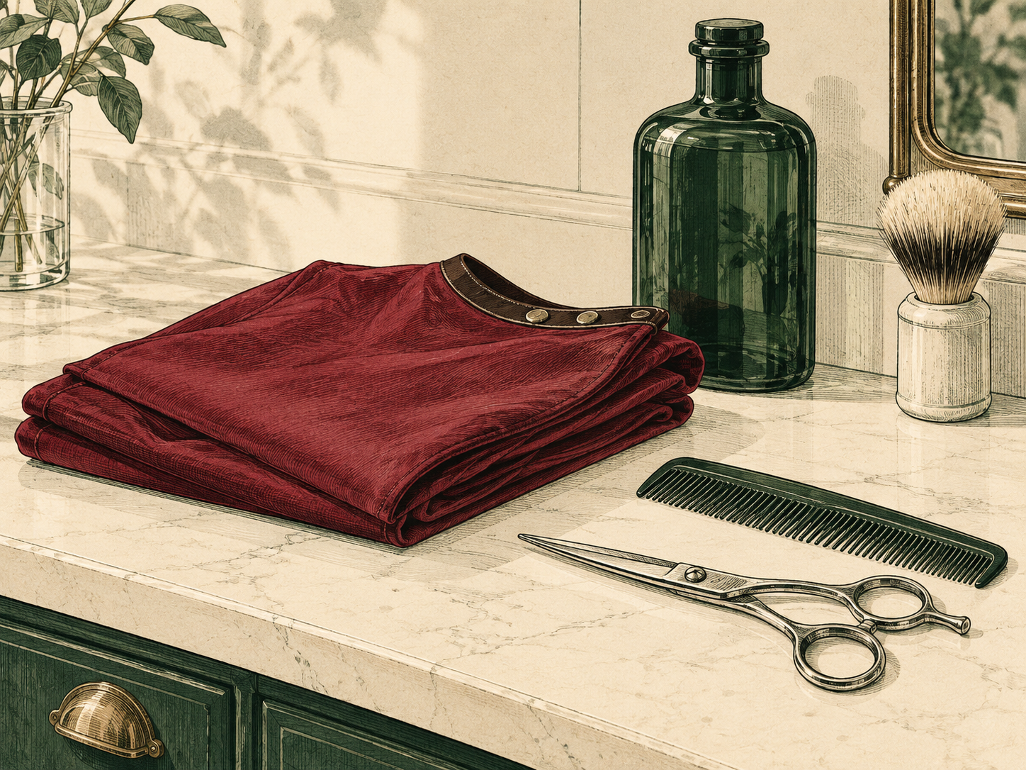 Illustration of a folded burgundy cape with comb and shears on a counter